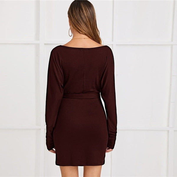 Black Deep V neck Pearls Beading Belted Elegant Dress Women 2019 Autumn High Waist Batwing Sleeve Wrap Bodycon Dresses - Vimost Shop
