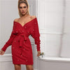 Black Deep V neck Pearls Beading Belted Elegant Dress Women 2019 Autumn High Waist Batwing Sleeve Wrap Bodycon Dresses - Vimost Shop