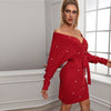 Black Deep V neck Pearls Beading Belted Elegant Dress Women 2019 Autumn High Waist Batwing Sleeve Wrap Bodycon Dresses - Vimost Shop