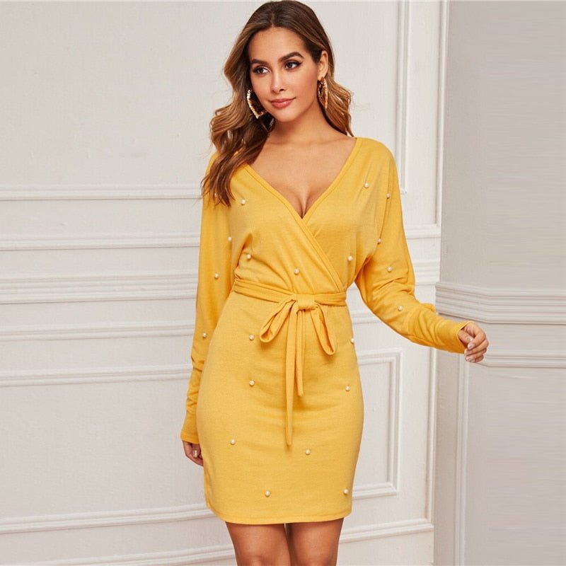 Black Deep V neck Pearls Beading Belted Elegant Dress Women 2019 Autumn High Waist Batwing Sleeve Wrap Bodycon Dresses - Vimost Shop