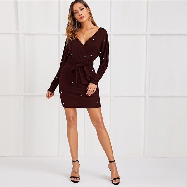 Black Deep V neck Pearls Beading Belted Elegant Dress Women 2019 Autumn High Waist Batwing Sleeve Wrap Bodycon Dresses - Vimost Shop