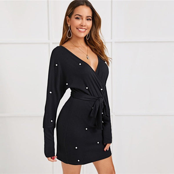 Black Deep V neck Pearls Beading Belted Elegant Dress Women 2019 Autumn High Waist Batwing Sleeve Wrap Bodycon Dresses - Vimost Shop