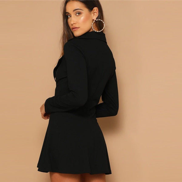 Black Double Breasted Detail Asymmetrical Zip Up Notched Dress Spring Elegant Fit And Flare A Line Elegant Dresses - Vimost Shop