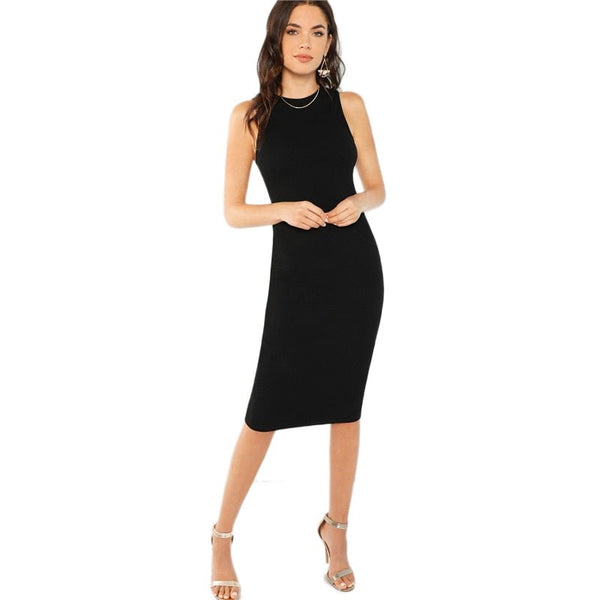 Black Elegant Solid Pencil Dress Slim Sleeveless Knee Length Sexy Workwear Dresses Women Plain Sheath Summer Dress - Vimost Shop