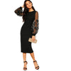Black Embroidery Mesh Insert Stretchy Bishop Sleeve Fitted Knee Length Bodycon Dress Women Spring Sheath Dresses - Vimost Shop