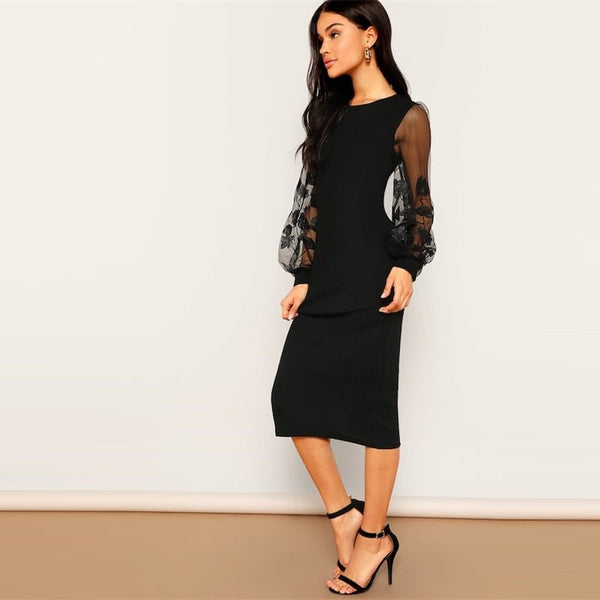 Black Embroidery Mesh Insert Stretchy Bishop Sleeve Fitted Knee Length Bodycon Dress Women Spring Sheath Dresses - Vimost Shop