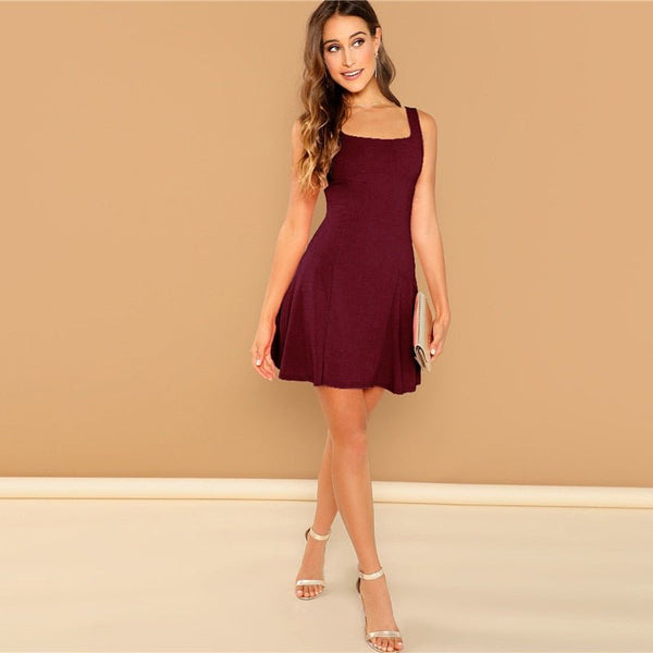 Black Fit And Flare Solid Dress Elegant Straps Sleeveless Plain A Line Dresses - Vimost Shop