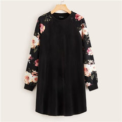 Black Floral Raglan Sleeve T-shirt Dress Women Spring Autumn Long Sleeve Round Neck Casual Loose Straight Short Dresses