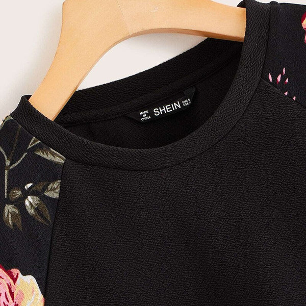 Black Floral Raglan Sleeve T-shirt Dress Women Spring Autumn Long Sleeve Round Neck Casual Loose Straight Short Dresses - Vimost Shop