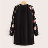 Black Floral Raglan Sleeve T-shirt Dress Women Spring Autumn Long Sleeve Round Neck Casual Loose Straight Short Dresses - Vimost Shop