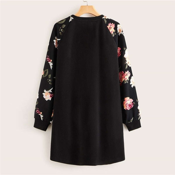 Black Floral Raglan Sleeve T-shirt Dress Women Spring Autumn Long Sleeve Round Neck Casual Loose Straight Short Dresses - Vimost Shop