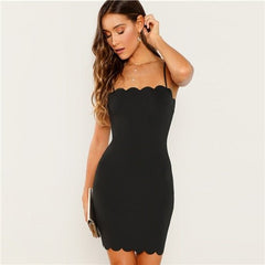 Black Form Fitting Scalloped Cami Dress Bodycon Sleeveless Slim Short Party Dress Women Autumn Highstreet Elegant Dresses