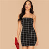 Black Grid Print Bodycon Slip Dress Women Summer Autumn Slim Fit Spaghetti Strap Sexy Night Out Plaid Pencil Mini Dresses - Vimost Shop