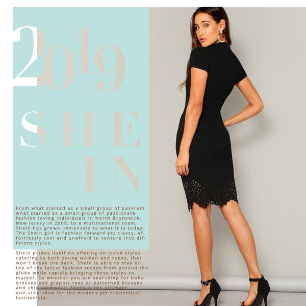 Black Laser Cut Scallop High Neck Summer Pencil Dress Women Office Lady Short Sleeve Solid Bodycon Sexy Classy Dresses - Vimost Shop