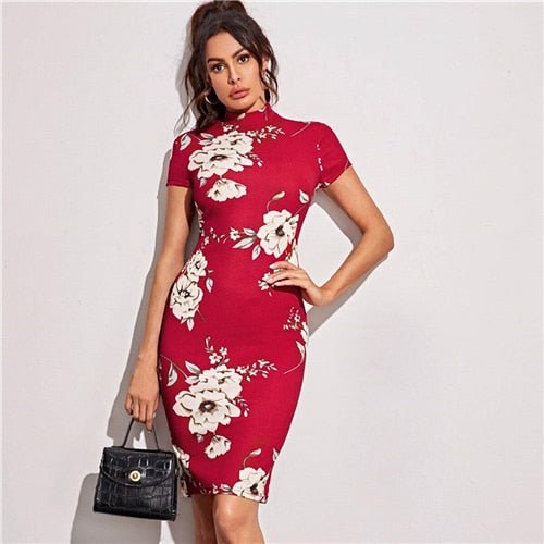 Black Mock-Neck Floral Print Bodycon Dress Short Sleeve Elegant Fitted Midi Dresses - Vimost Shop