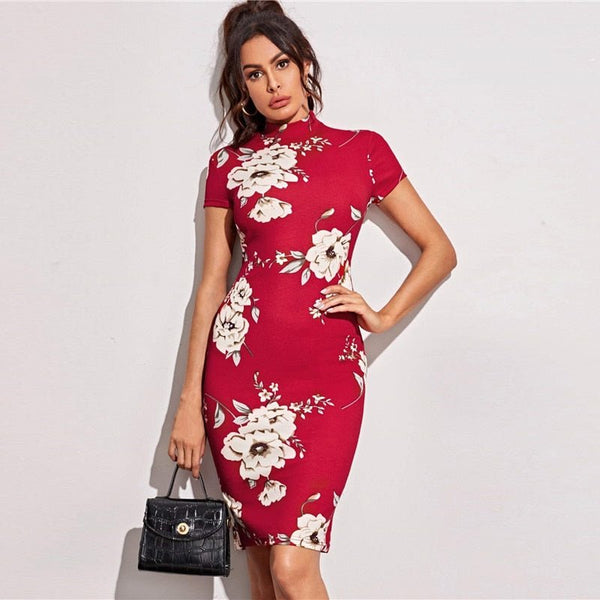 Black Mock-Neck Floral Print Bodycon Dress Short Sleeve Elegant Fitted Midi Dresses - Vimost Shop