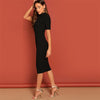 Black Mock Neck Rib-knit Pencil Stretchy Knee Length Bodycon Dress Solid Dress Women Spring Short Sleeve Casual Dress - Vimost Shop