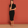 Black Mock Neck Rib-knit Pencil Stretchy Knee Length Bodycon Dress Solid Dress Women Spring Short Sleeve Casual Dress - Vimost Shop