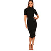 Black Mock Neck Rib-knit Pencil Stretchy Knee Length Bodycon Dress Solid Dress Women Spring Short Sleeve Casual Dress - Vimost Shop