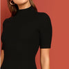 Black Mock Neck Rib-knit Pencil Stretchy Knee Length Bodycon Dress Solid Dress Women Spring Short Sleeve Casual Dress - Vimost Shop