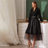 Black Notch Collar Without Belt Mesh Overlay Wrap Dress Women Autumn A Line Long Sleeve High Waist Glamorous Long Dresses - Vimost Shop