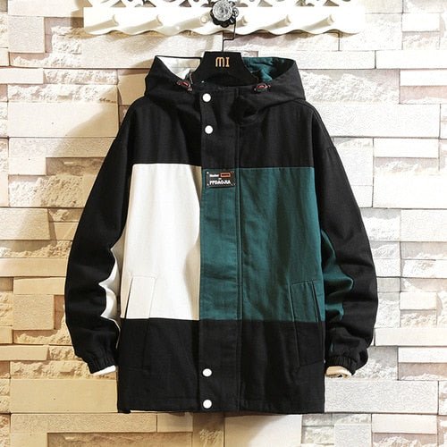 Black Patchwork Block Military Sweatshirt Jackets For Men Autumn Hip Hop Japanese Hoodies Streetwear Loose Casual Hooded Jacket - Vimost Shop