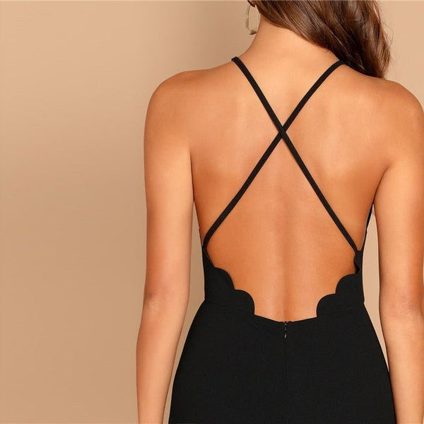 Black Scallop Trim Halter Dress Elegant Spaghetti Strap Solid Slim Short Dress Summer Modern Lady Women Sexy Party Dresses - Vimost Shop