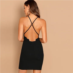 Black Scallop Trim Halter Dress Elegant Spaghetti Strap Solid Slim Short Dress Summer Modern Lady Women Sexy Party Dresses