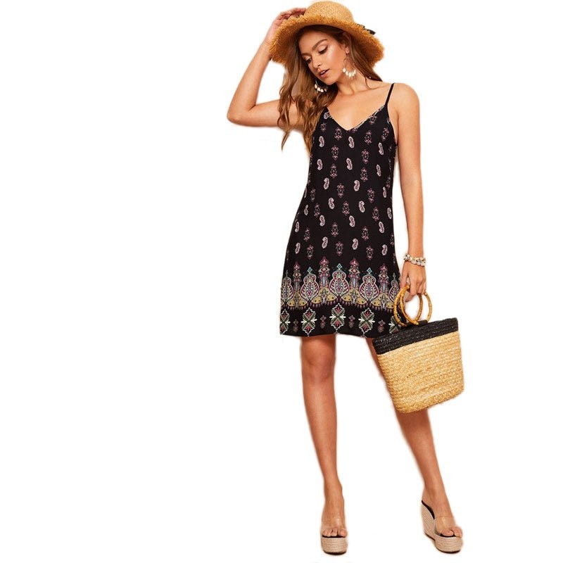 Black Sexy Tribal Print Cami Summer Dress Women Boho Beach V Neck Adjustable Spaghetti Strap Backless Mini Dress - Vimost Shop