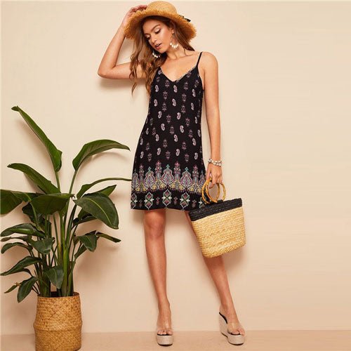 Black Sexy Tribal Print Cami Summer Dress Women Boho Beach V Neck Adjustable Spaghetti Strap Backless Mini Dress - Vimost Shop