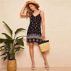 Black Sexy Tribal Print Cami Summer Dress Women Boho Beach V Neck Adjustable Spaghetti Strap Backless Mini Dress