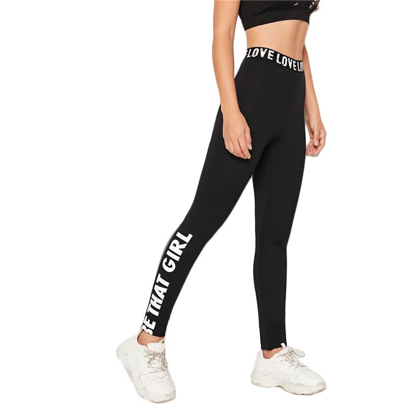 Black Slogan Print Leggings Women Bottoms Autumn Elastic Waist Active Wear Leisure Skinny Long Leggings - Vimost Shop