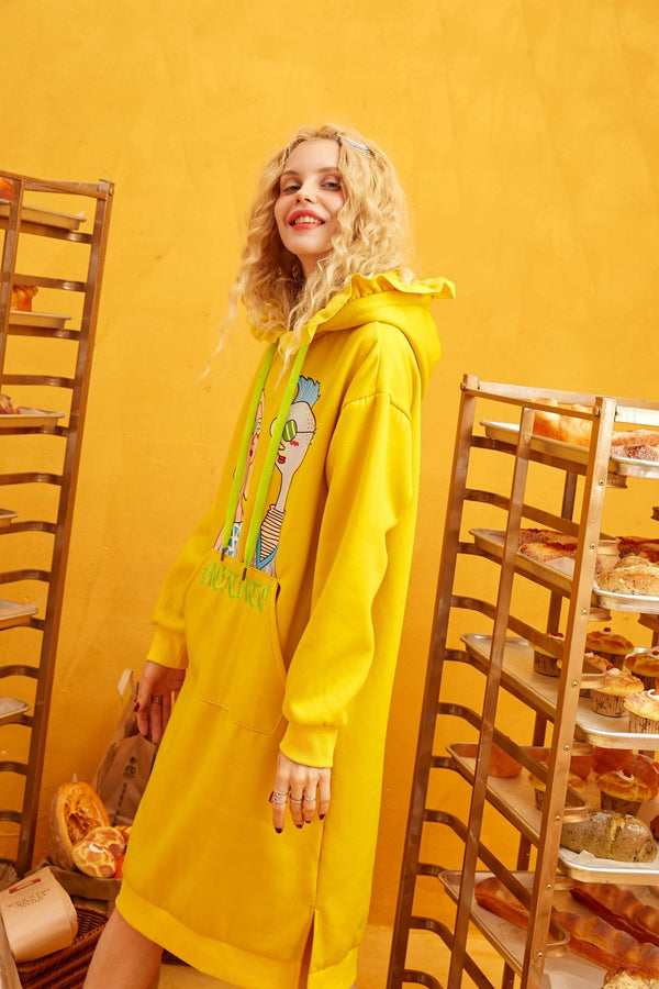 Black Solid Cartoon Print Drawstring Hoodies Dress Women Autumn ELF Yellow Ladies Dress - Vimost Shop