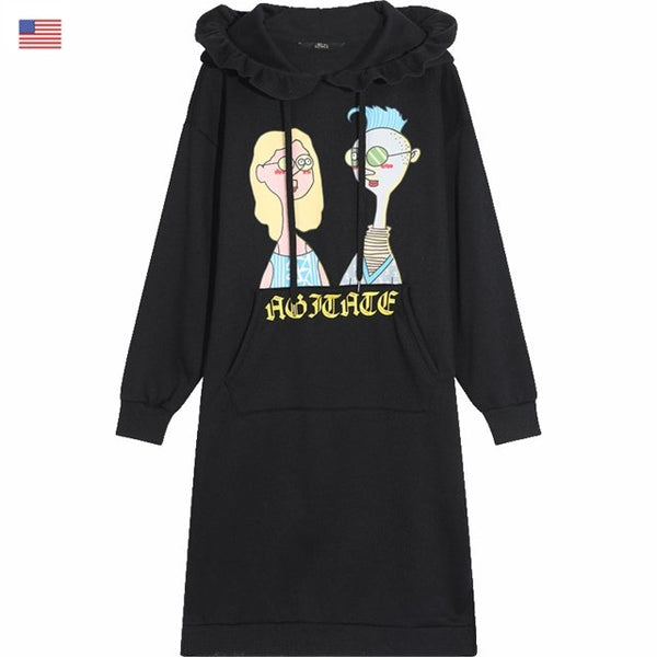 Black Solid Cartoon Print Drawstring Hoodies Dress Women Autumn ELF Yellow Ladies Dress - Vimost Shop