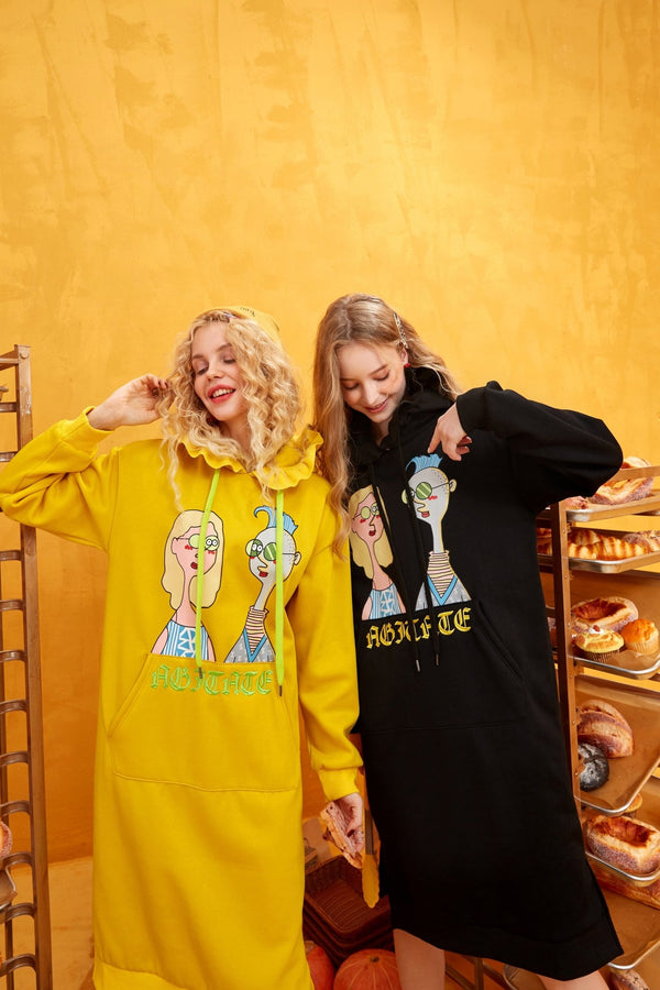 Black Solid Cartoon Print Drawstring Hoodies Dress Women Autumn ELF Yellow Ladies Dress - Vimost Shop