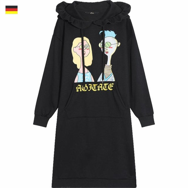 Black Solid Cartoon Print Drawstring Hoodies Dress Women Autumn ELF Yellow Ladies Dress - Vimost Shop