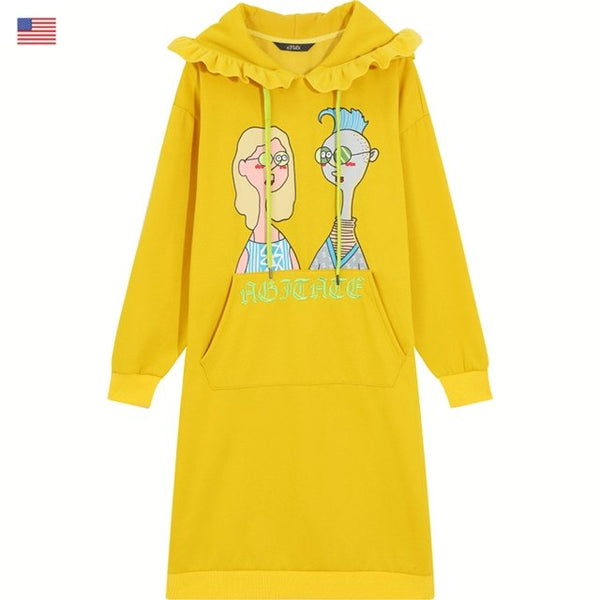Black Solid Cartoon Print Drawstring Hoodies Dress Women Autumn ELF Yellow Ladies Dress - Vimost Shop
