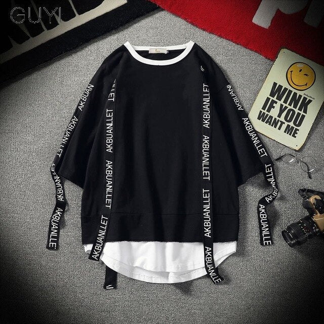 Black Solid Tag Band Letter T-shirt Tops Tees Male Fashion Casual Hip Hop Streetwear Short Sleeve Men Red Fake Two Pieces - Vimost Shop