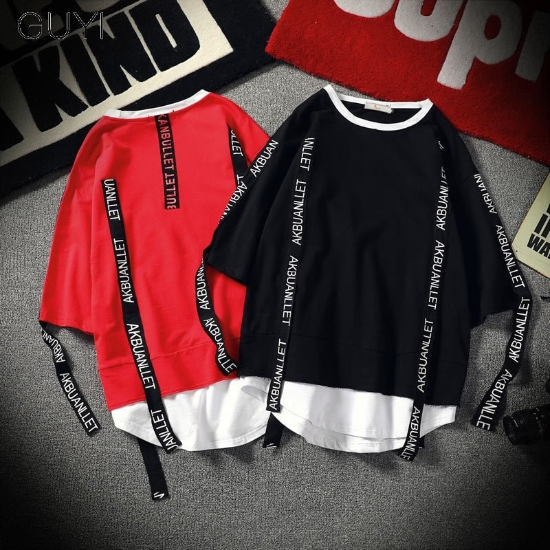 Black Solid Tag Band Letter T-shirt Tops Tees Male Fashion Casual Hip Hop Streetwear Short Sleeve Men Red Fake Two Pieces - Vimost Shop
