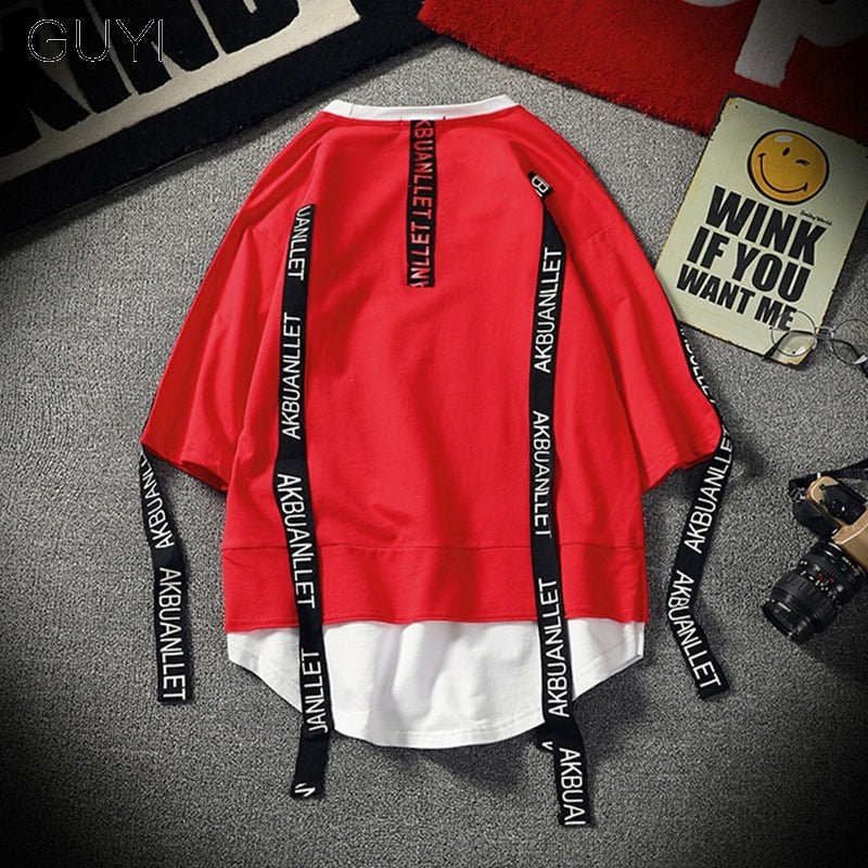 Black Solid Tag Band Letter T-shirt Tops Tees Male Fashion Casual Hip Hop Streetwear Short Sleeve Men Red Fake Two Pieces - Vimost Shop