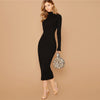 Black Stand Collar Ribbed Knit Bodycon Dress Women Autumn Solid Long Sleeve Office Ladies Form Fitted Pencil Long Dresses - Vimost Shop