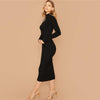 Black Stand Collar Ribbed Knit Bodycon Dress Women Autumn Solid Long Sleeve Office Ladies Form Fitted Pencil Long Dresses - Vimost Shop