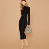 Black Stand Collar Ribbed Knit Bodycon Dress Women Autumn Solid Long Sleeve Office Ladies Form Fitted Pencil Long Dresses - Vimost Shop