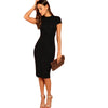 Black Stand Collar Solid Natural Waist Stretchy Bodycon Dress Women Summer Elegant Short Sleeve Slim Fitted Pencil Dresses - Vimost Shop