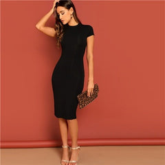 Black Stand Collar Solid Natural Waist Stretchy Bodycon Dress Women Summer Elegant Short Sleeve Slim Fitted Pencil Dresses