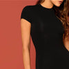 Black Stand Collar Solid Natural Waist Stretchy Bodycon Dress Women Summer Elegant Short Sleeve Slim Fitted Pencil Dresses - Vimost Shop