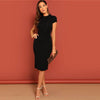 Black Stand Collar Solid Natural Waist Stretchy Bodycon Dress Women Summer Elegant Short Sleeve Slim Fitted Pencil Dresses - Vimost Shop