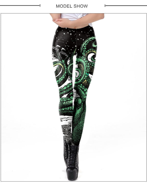 Black Starry Green Octopus Printed Gothic Style Leggings for Women Fantastic Elastic Waist Ankle Pants - Vimost Shop