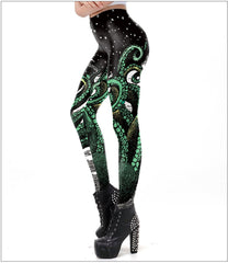Black Starry Green Octopus Printed Gothic Style Leggings for Women Fantastic Elastic Waist Ankle Pants