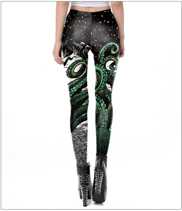 Black Starry Green Octopus Printed Gothic Style Leggings for Women Fantastic Elastic Waist Ankle Pants - Vimost Shop
